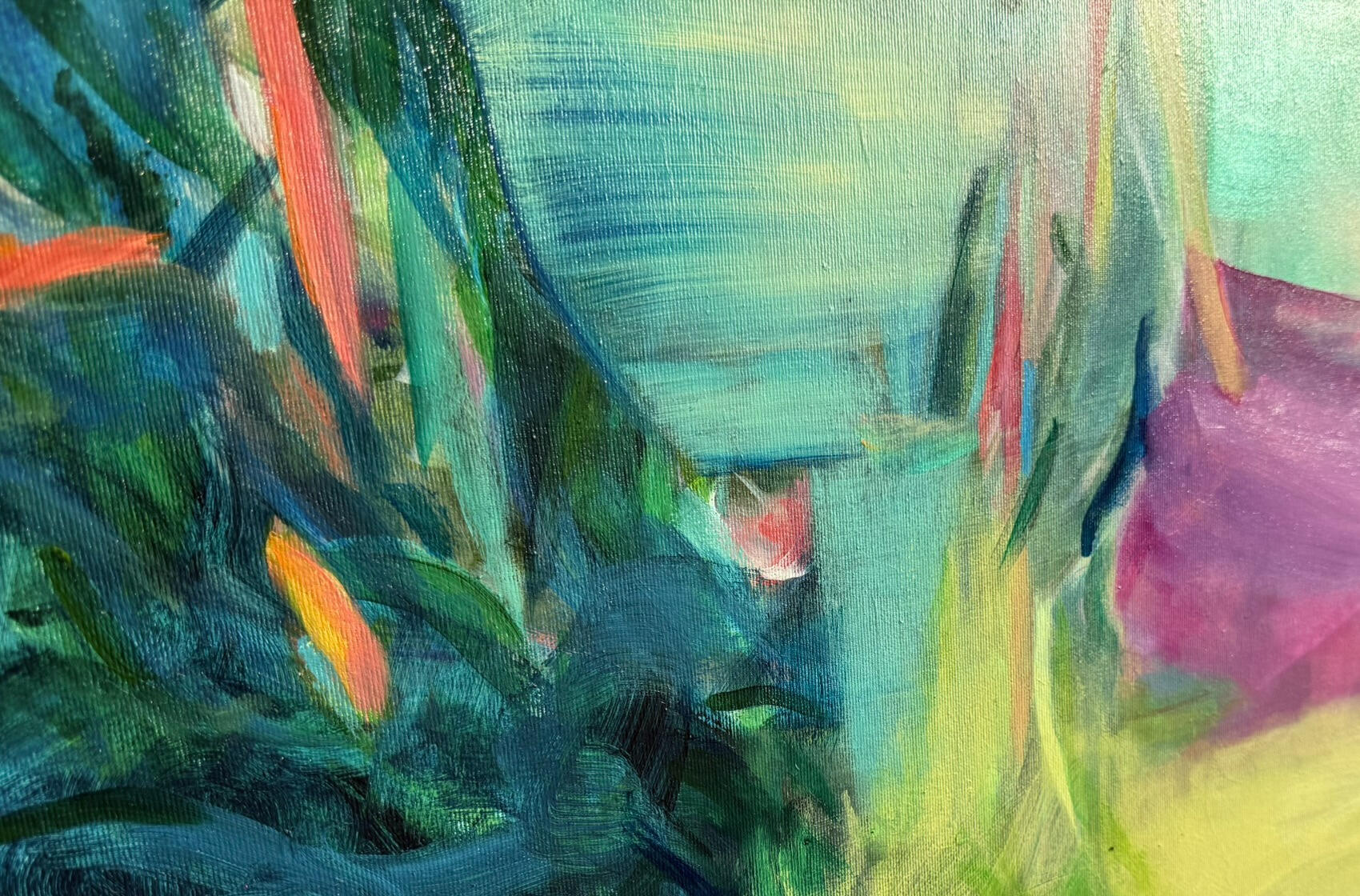 Detail von Nachklang mit dunkelblauen und grünen Pinselspuren, Schichtungen und feinen Farbakzenten.