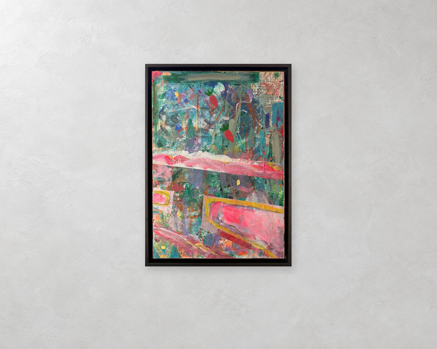 Strawberries von Ellen, Acryl auf kaschierter Leinwand, im schwarzen Holz-Schattenfugenrahmen.