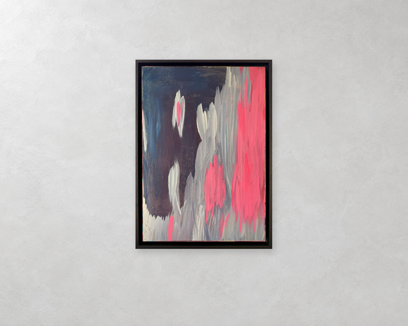 Pink Rain von Ellen, Acrylgemälde in einem schwarzen Holz-Schattenfugenrahmen.